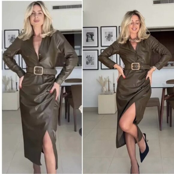 Zara khaki faux leather V-neck belted midi dress lapel collar long sleeve L NWOT - Picture 7 of 16